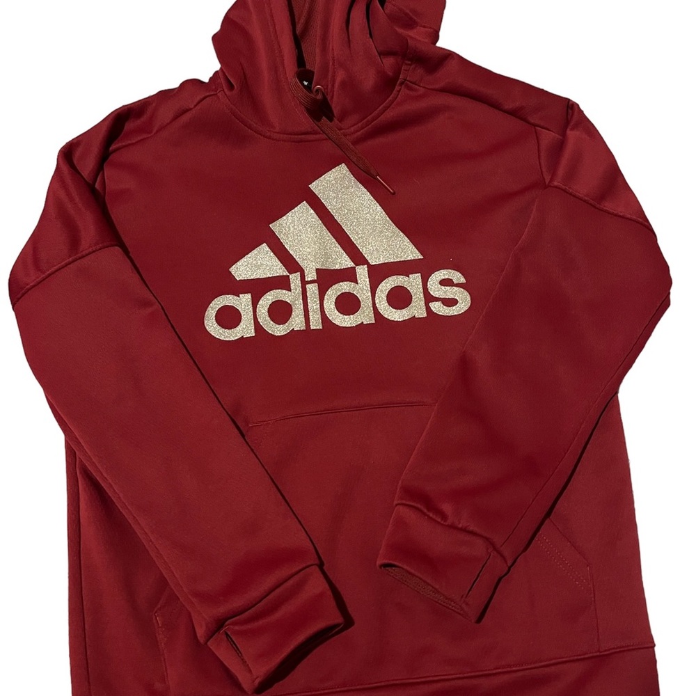 Adidas burgundy kind of reddish brownish was sparkling writing sweater